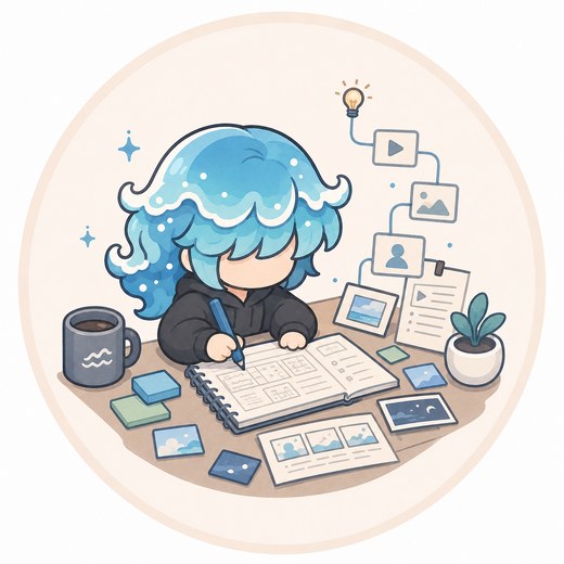 AI 影像製作：角色在筆記本上寫腳本，周圍浮著生成中的畫面